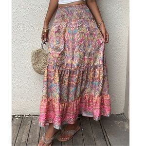 Boho Paisley Print Stretchy High Waisted Ruffle Hem Maxi Skirt XS S M L